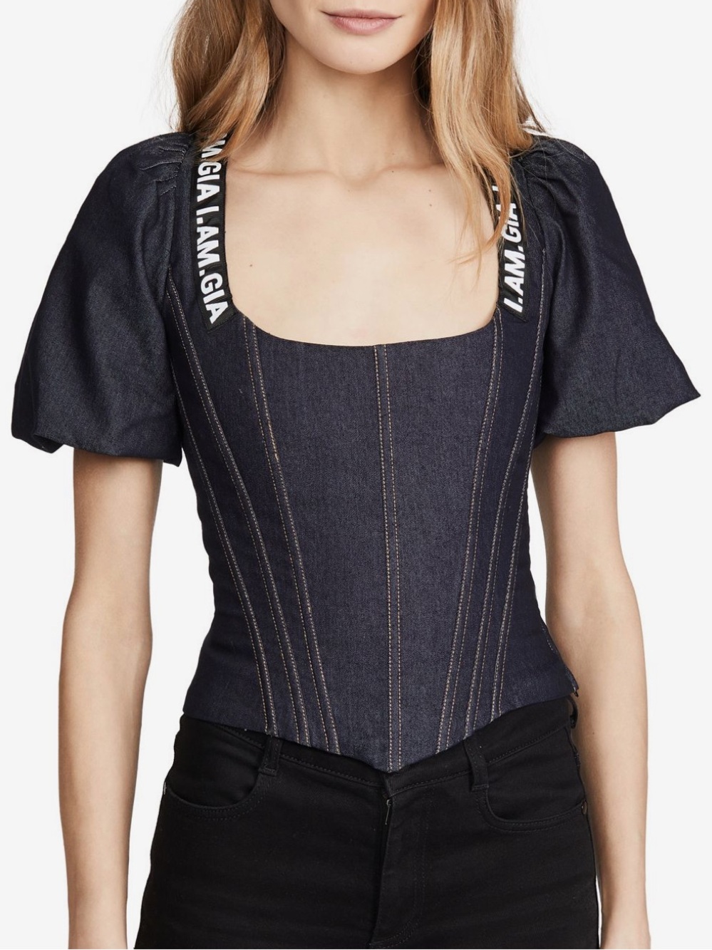 I.AM.GIA size XS chelsea puff Denim Corset Top with Branded Straps